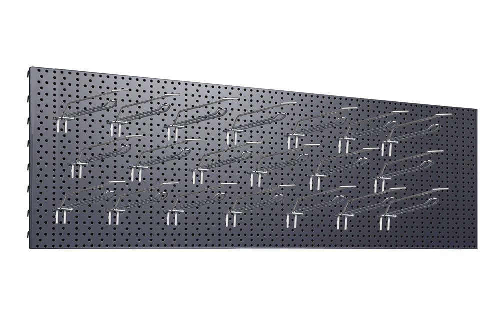 Zdjęcie produktu TABLICA WARSZTATOWA 1330X400 C. SZARY MAT + 20x ZAWIESZKA PODWÓJNA EUROPERF. Z WYSIĘGNIKIEM L-200 FI4 CYNK YZ1