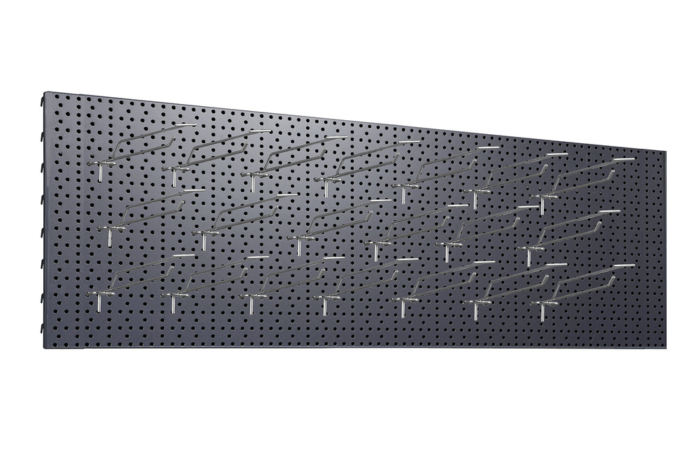 Zdjęcie produktu TABLICA WARSZTATOWA 1330X400 C. SZARY MAT + 20x ZAWIESZKA POJEDYNCZA EUROPERF. Z WYSIĘGNIKIEM L-200 FI4 CYNK YZ1